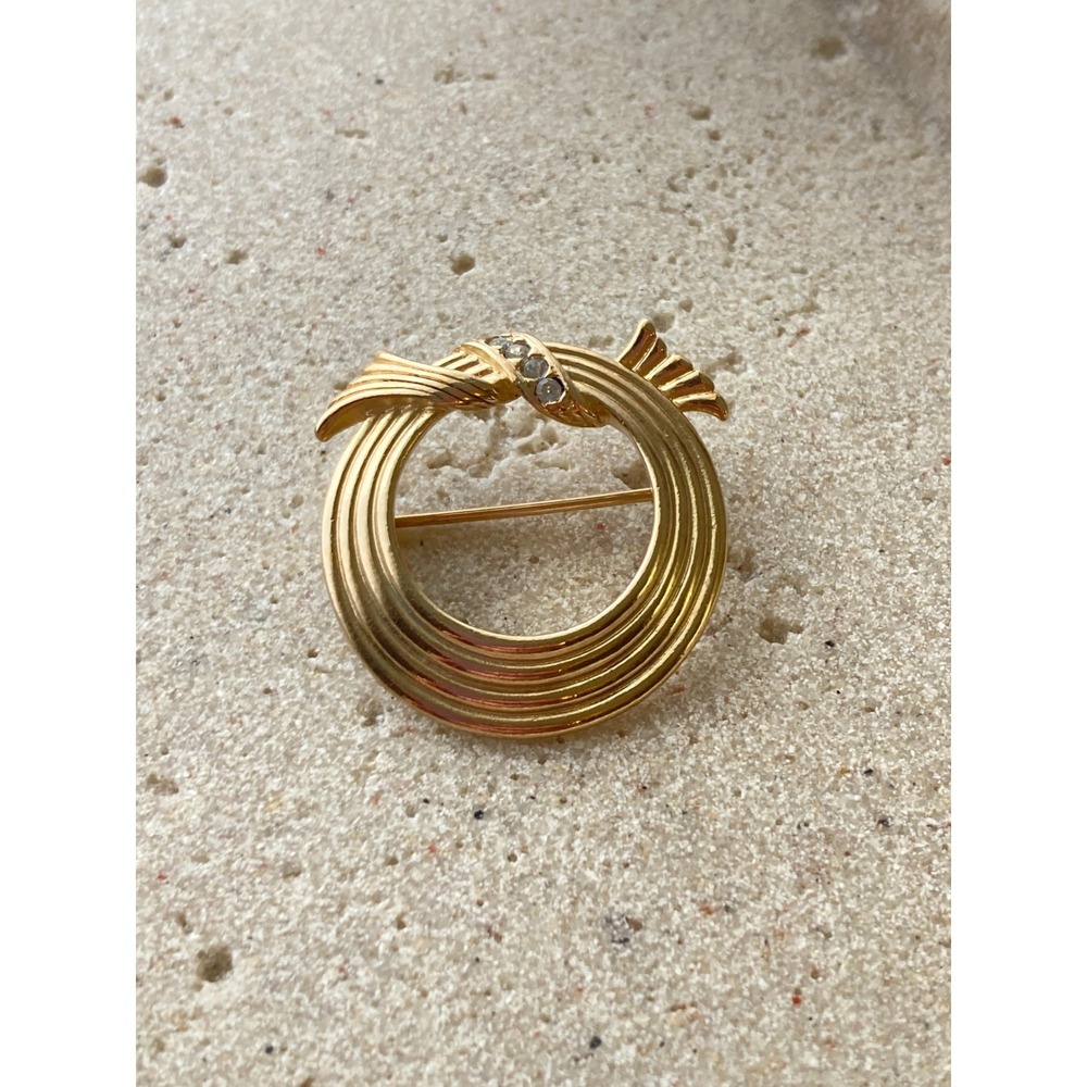 Vintage Avon Gold Tone Swirl Circle Brooch Clear Rhinestone Ribbon Pin